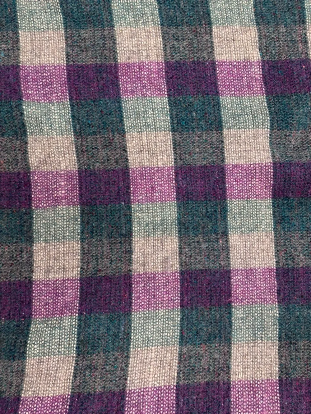 Wool Throw Blanket Purple Teal Cream Plaid Fringe Cabin Cottage 48x60 Vintage